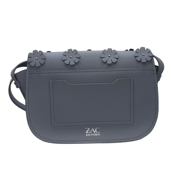 ZAC Zac Posen Crossbody Bag Slate Blue Grey Leather Flowers Handbag Purse Silver - Picture 10 of 14